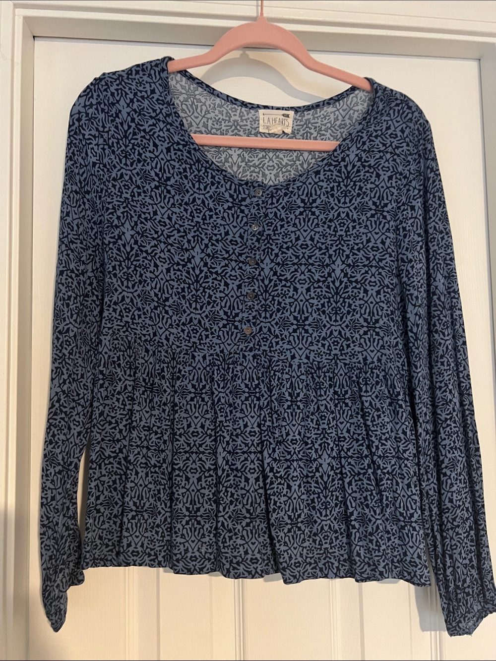 La Hearts Navy Blue Patterned Long-Sleeve Peplum Tunic